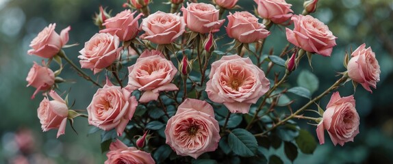 Wall Mural - beautiful bouquet of soft pink wild roses in full bloom surrounded by lush green leaves, captured wi