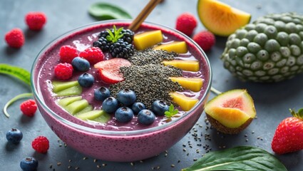 Canvas Print - Vibrant Acai Bowl Smoothie Topped with Fresh Berries, Chia Seeds, and Fruits on Gray Background with Space for Custom Text