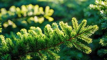 Canvas Print - Vibrant Green Pine Needles Sparkling in Sunlight Showcasing Texture and Richness of Foliage in a Serene Outdoor Landscape