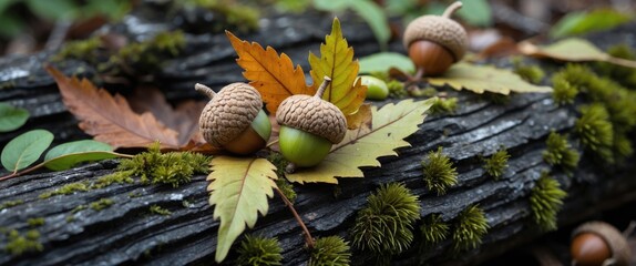 Canvas Print - Acorns and colorful leaves resting on a moss-covered log in a tranquil forest setting with space for text or branding elements.