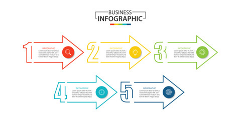 Wall Mural - 5 process infographic arrows design template. strategy and business presentation. vector illustratio