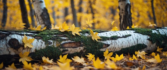 Canvas Print - Birch log covered in moss rests on vibrant yellow leaves in a serene autumn forest landscape.