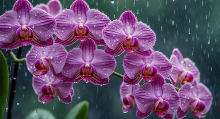 Canvas Print - Close-up of vibrant pink Phalaenopsis orchids glistening with rain droplets against a blurred green background, ideal for floral designs.