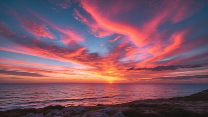 Wall Mural - Vibrant Sunset Over Ocean With Colorful Sky Ideal For Abstract Background And Copy Space For Text