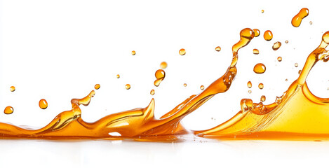 Poster - Liquid honey splashes across a white surface, forming an abstract pattern. The rich golden color contrasts sharply with the bright background, highlighting the fluid motion and texture of the honey.