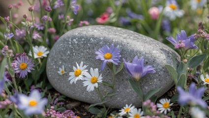 Wall Mural - stone nestled among vibrant wildflowers creating a serene natural backdrop ideal for product display