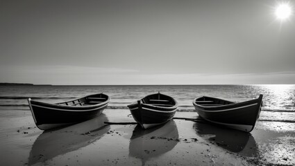 Wall Mural - serene black and white image of three small boats resting on a beach under a gray sky with sun refle