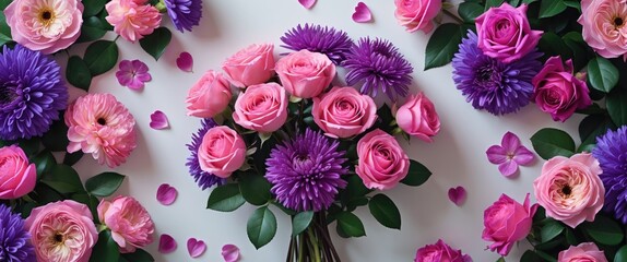 Canvas Print - Colorful bouquet of pink roses and purple chrysanthemums on a white background perfect for greeting cards or floral designs for special occasions