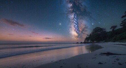 Wall Mural - Stunning Night Sky Over Serene Beach Featuring Milky Way Galaxy With Empty Space For Text And Gentle Waves Reflecting Starry Light