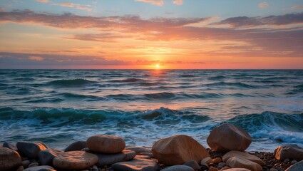 Wall Mural - sunset over wavy sea with smooth stones in the foreground creating a serene and picturesque coastal 