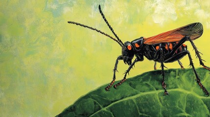 Poster - A detailed illustration of a black and orange grasshopper on a green leaf.