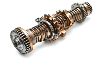 Fototapete - A detailed metallic component featuring gears and coils, likely used in machinery.