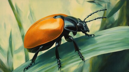 Poster - A detailed painting of a vibrant orange beetle on a green leaf.