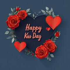 Wall Mural - Kiss Day Greeting Card with Roses and Hearts, Kiss Day