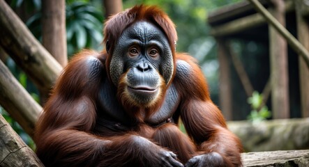 Wall Mural - Majestic Orangutan Relaxing in Natural Habitat at Zoo with Lush Greenery in Background.