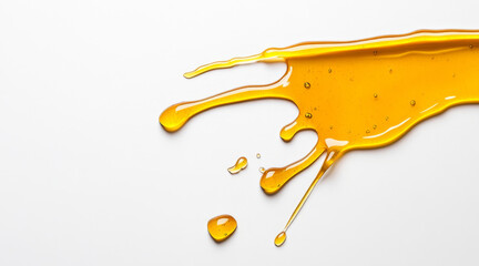 Poster - Golden honey is splashed across a clean white surface, creating an appealing visual of liquid motion. The vibrant droplets showcase the smooth texture and rich color of the honey.