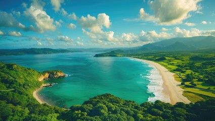 Wall Mural - Aerial View of Lush Coastal Landscape with Serene Waters and Open Space for Text Overlay in a Scenic Natural Setting