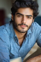 Handsome Young Man with Dark Hair and Beard in Blue Shirt, Relaxed Posture, Natural Light Portrait.