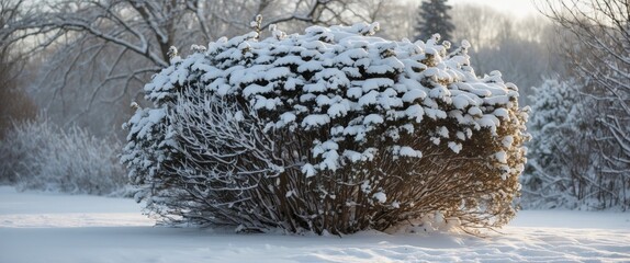 Sticker - Snow-covered bush in a serene winter landscape showcasing the beauty of nature under a blanket of fresh white snow.