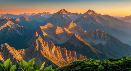 Wall Mural - majestic mountain range illuminated by golden hour light with lush green foliage in the foreground c