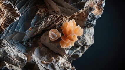 Canvas Print - Intricate close-up of a natural rock formation showcasing unique textures and colors against a dark background for striking visual impact.