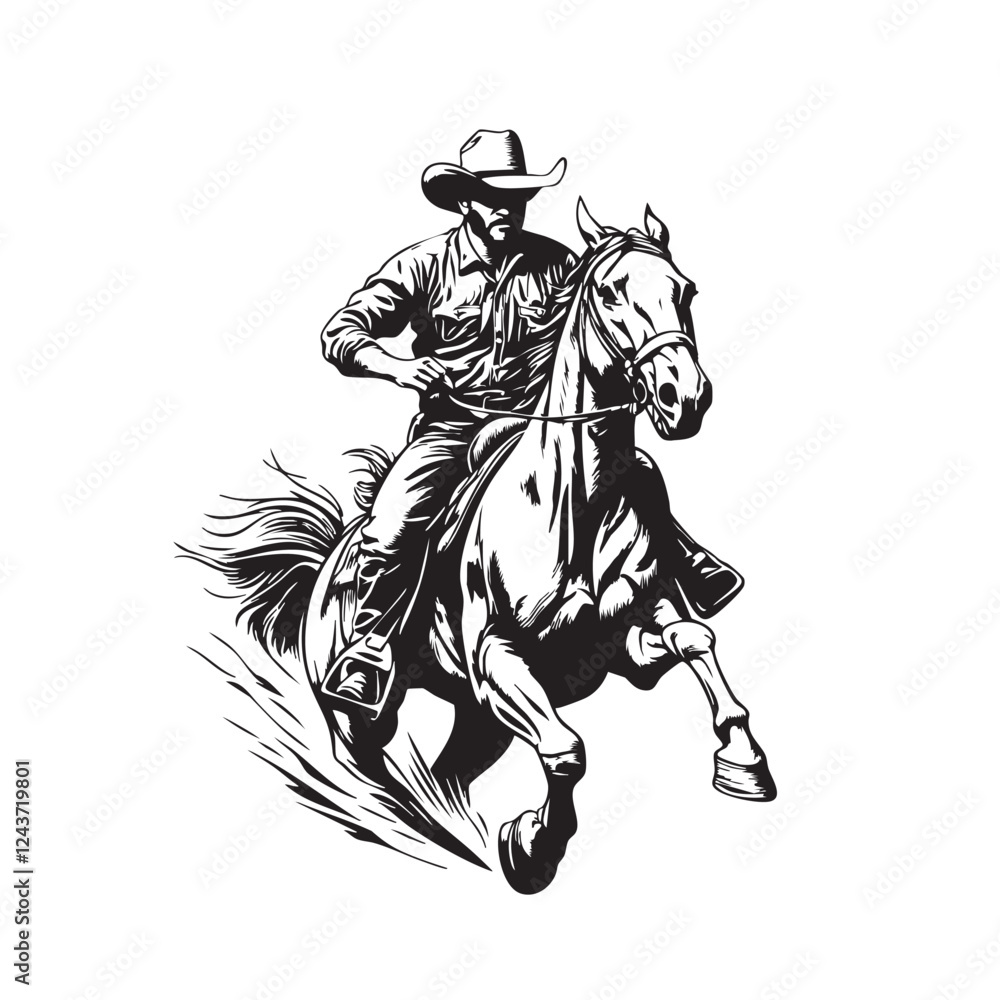 Dynamic black and white vector illustration of a cowboy riding a galloping horse. Bold lines and high contrast create a powerful Western-themed design.