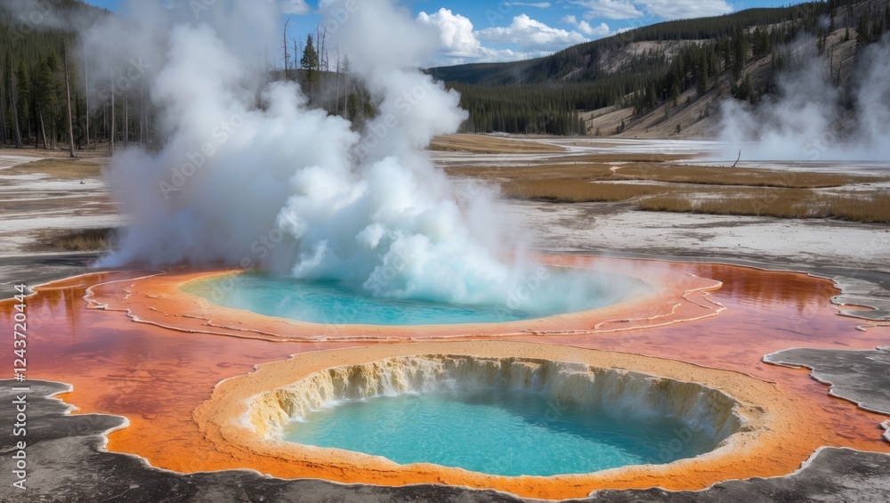Yellowstone Spring Steam Steam rising from vibrant hot spring in Yellowstone National Park ...