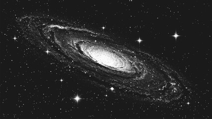 Aufkleber - Deep space scene background in stippling style with huge spiral galaxy glowing in the endless universe. Milky Way galaxy. Retro styled dotwork. Pointillism. Shading using dots. Vector illustration
