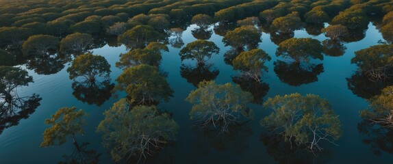 Wall Mural - aerial view of serene mangroves reflecting evening light over calm waters