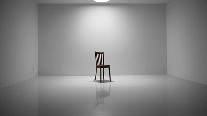 Aufkleber - Slow motion sequence depicting an empty wooden chair in a minimalist white room, isolated on a white background, creating a sense of mystery and anticipation