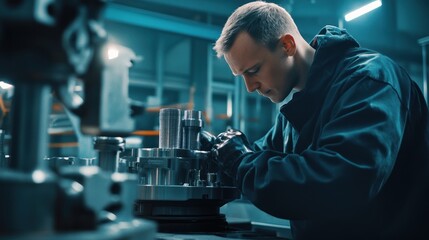 Fototapete - A focused technician works on machinery in an industrial setting.