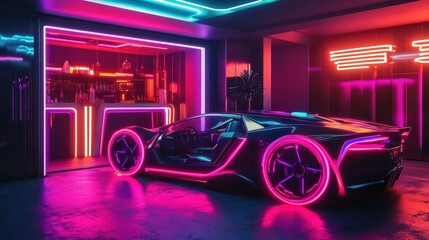 Aufkleber - A futuristic car with neon lights parked in a stylish, illuminated interior space.