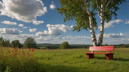Wall Mural - tranquil summer landscape featuring a red bench under a birch tree amidst a green meadow and blue sk