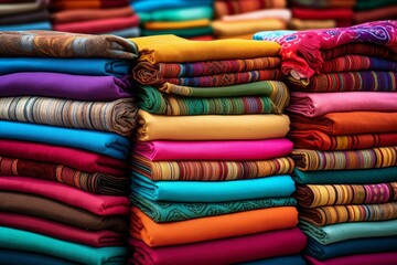 Stacked textiles showcasing vibrant colors and intricate patterns