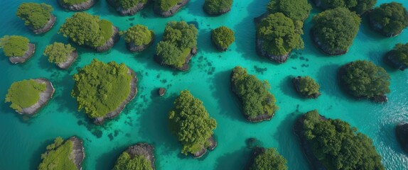 Canvas Print - Aerial View of Lush Green Islands Surrounded by Aquamarine Water with Clear Copy Space for Text or Branding Content