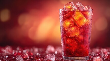 glass of red soda soft drink with ice cubes isolated on transparent background