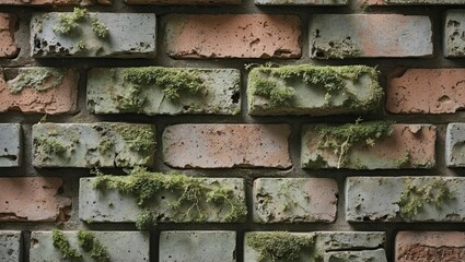 Canvas Print - Weathered brick wall texture with moss highlighting organic details and a rustic aesthetic ideal for backgrounds and design projects.