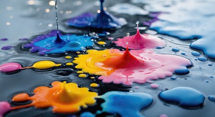 Canvas Print - Vibrant acrylic ink droplets in water creating a mesmerizing abstract pattern with colorful splashes and reflections for art and design projects.