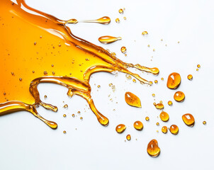 Poster - Golden honey spills and splashes across a smooth white background, showcasing its rich texture and glistening droplets. The dynamic movement captures the essence of this natural sweetener elegantly.