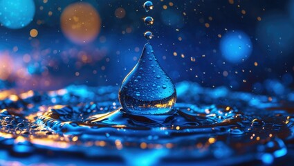 Canvas Print - Dramatic close-up of a blue water droplet creating ripples in a shimmering surface with soft bokeh lights in the background.