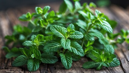 Sticker - Fresh organic peppermint leaves on wooden surface, showcasing vibrant green color and texture, ideal for culinary or herbal use.