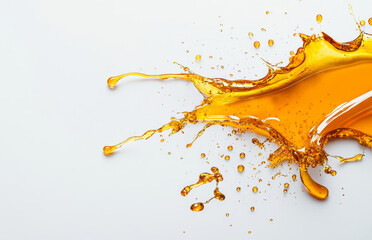 Poster - Golden honey splashes across a minimalist surface, creating dynamic droplets in mid-air. The vibrant color stands out against the neutral background, showcasing the liquid's texture and flow.