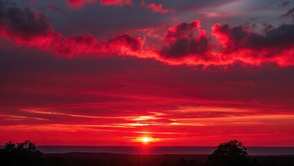 Wall Mural - vibrant red sunset over the horizon with dramatic clouds reflecting twilight hues in a serene landsc