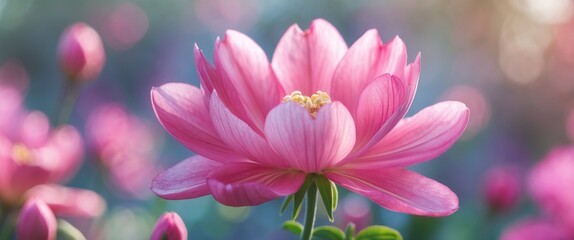 Canvas Print - Delicate pink flower with soft petals and selective focus against a dreamy background of blurred blooms and warm sunlight.