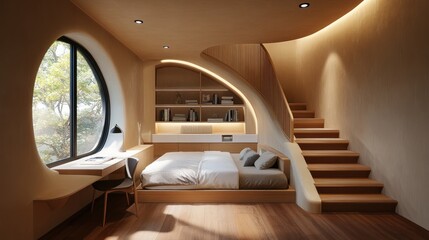 Wall Mural - Modern bedroom with curved wall, built-in desk, wooden stairs, and large window.