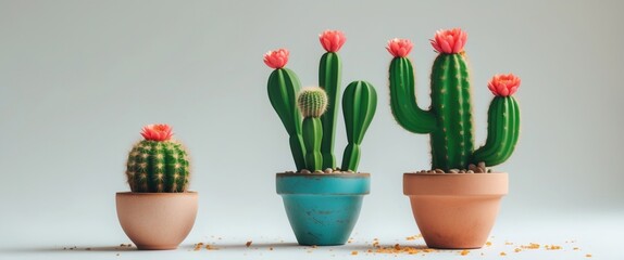 Canvas Print - Decorative Cacti in Stylish Pots on a White Background with Copy Space for Gardening or Home Decor Themes