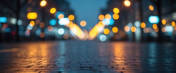 Wall Mural - Dreamy Urban Evening Lights with Defocused Bokeh Effect on Wet Streets