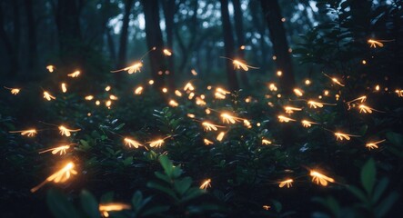 Canvas Print - Enchanting Night Scene of Fireflies in Lush Forest Underbrush with Long Exposure Effects and Space for Text Overlay