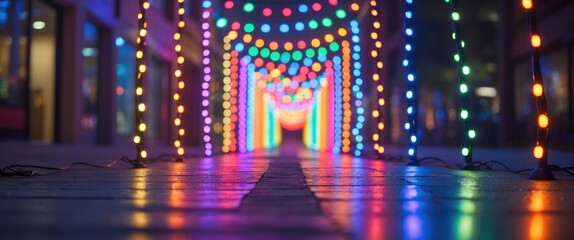 Canvas Print - Vibrant rainbow lights illuminating a lively pathway, creating a festive and energetic atmosphere in an urban setting at night