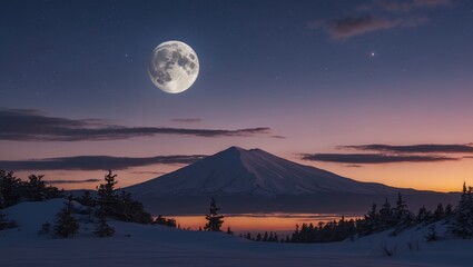Wall Mural - stunning winter landscape with a full moon setting over a majestic mountain at dawn, capturing seren